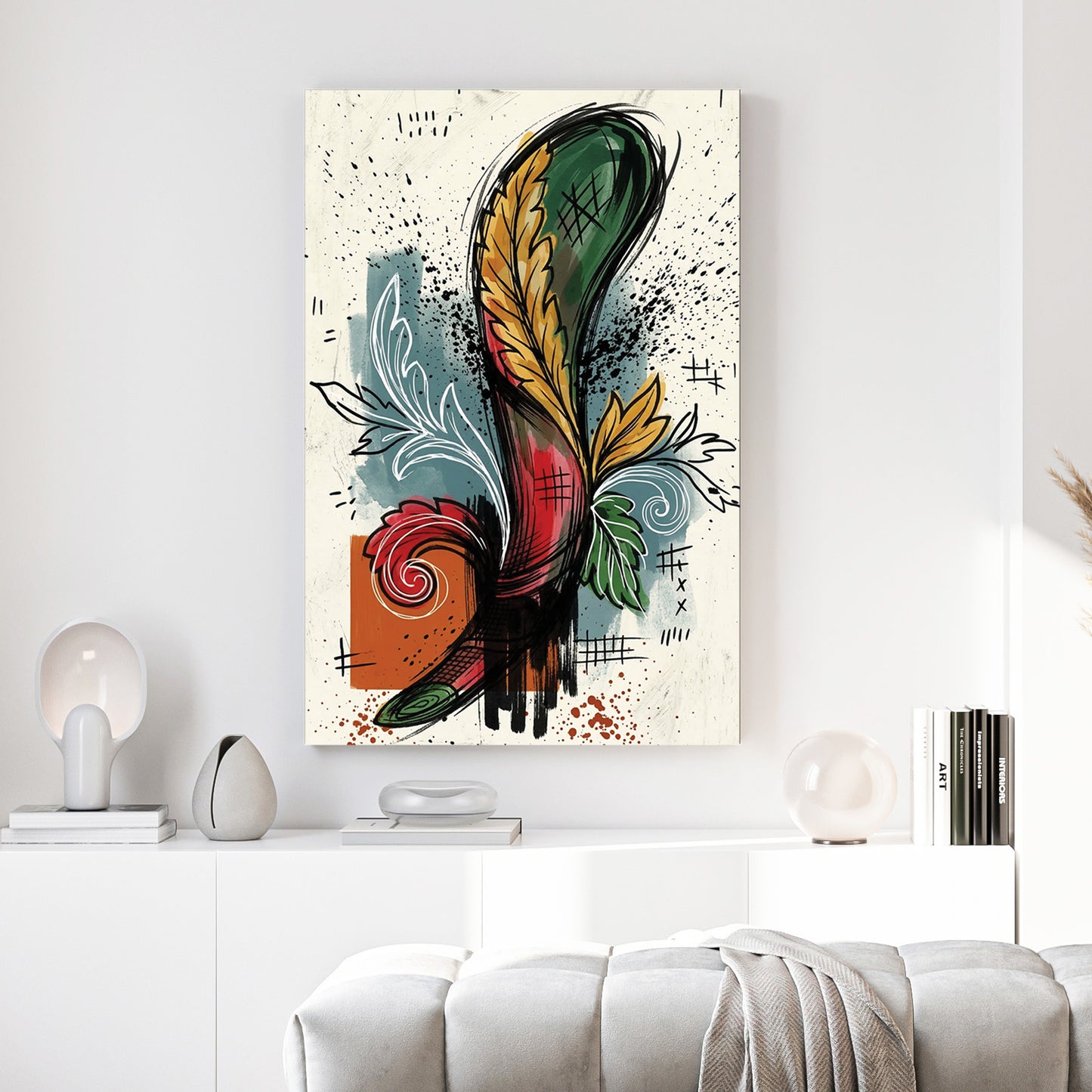 Asso di Mazze Italian Playing Card canvas wall art print above a sofa in a contemporary living room