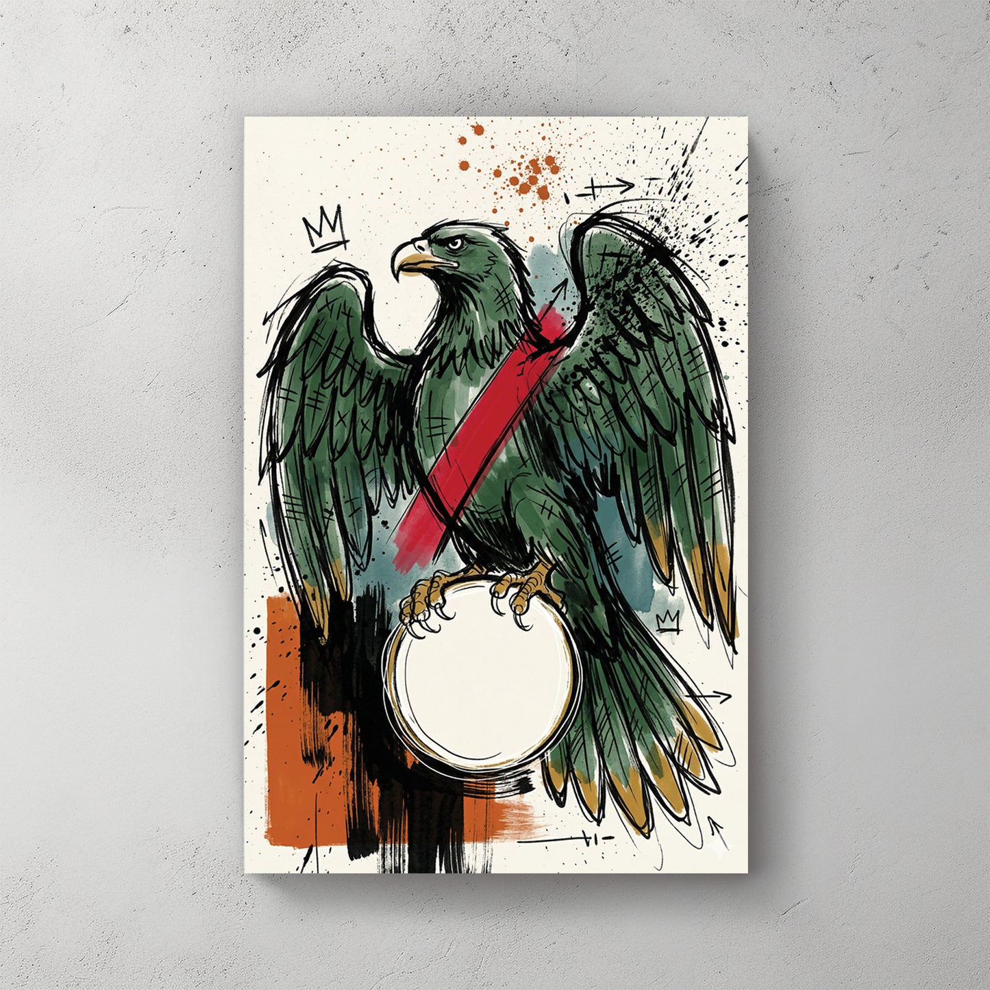 Italian Asso di Denari (Ace of Coins) playing card: green heraldic eagle with wings spread, perched on a white orb/coin, red sash across chest, crown marks and orange splatter, ink sketch style — canvas wall art print