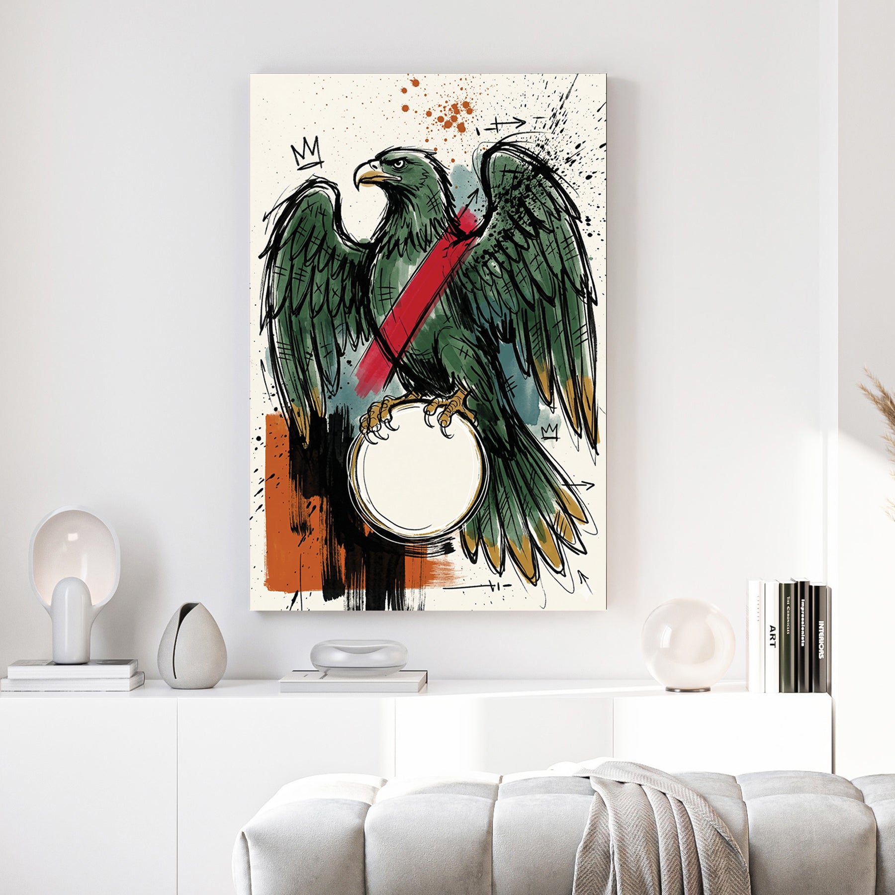 Asso di Denari Italian Playing Card canvas wall art print above a sofa in a contemporary living room