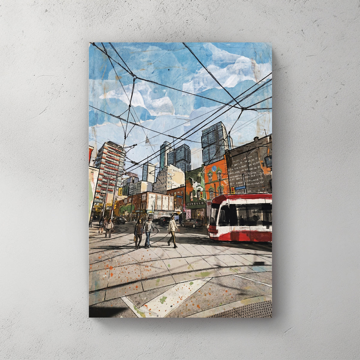 Toronto street, streetcar with red and white, downtown buildings, mixed media collage with newspaper, wires overhead — canvas wall art print