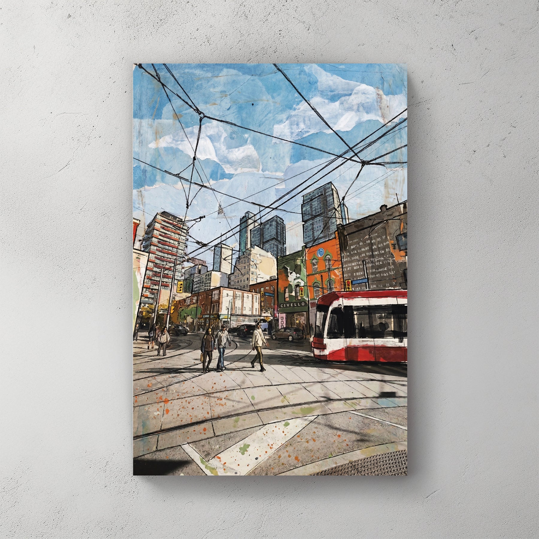 Toronto street, streetcar with red and white, downtown buildings, mixed media collage with newspaper, wires overhead — canvas wall art print