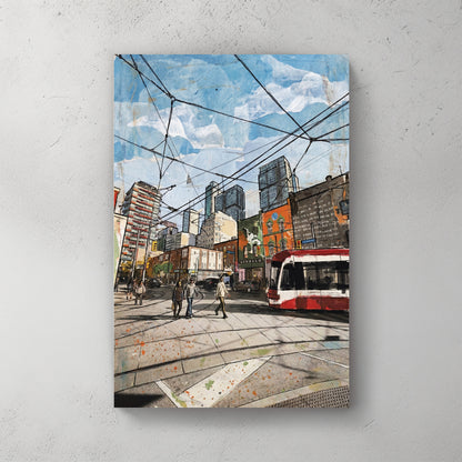 Toronto street, streetcar with red and white, downtown buildings, mixed media collage with newspaper, wires overhead — canvas wall art print