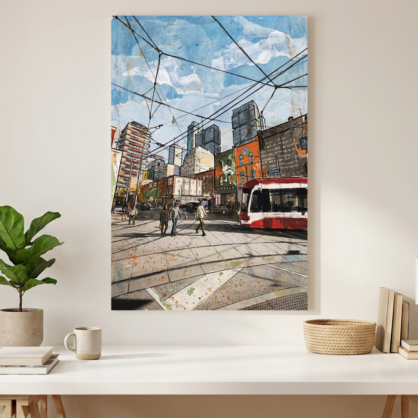 Toronto Streetcar Downtown canvas wall art print styled in a modern interior