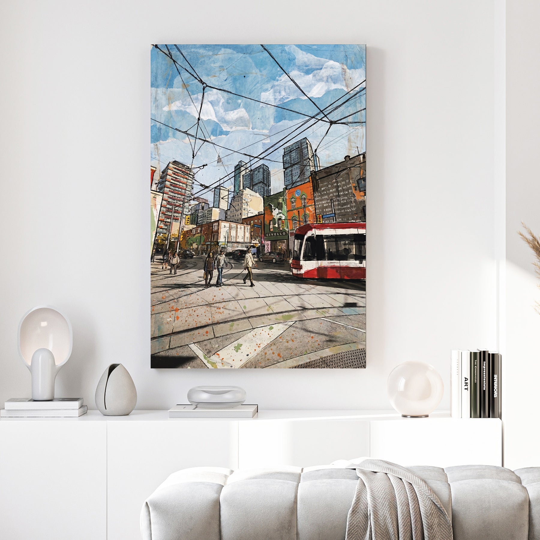 Toronto Streetcar Downtown canvas wall art print above a sofa in a contemporary living room