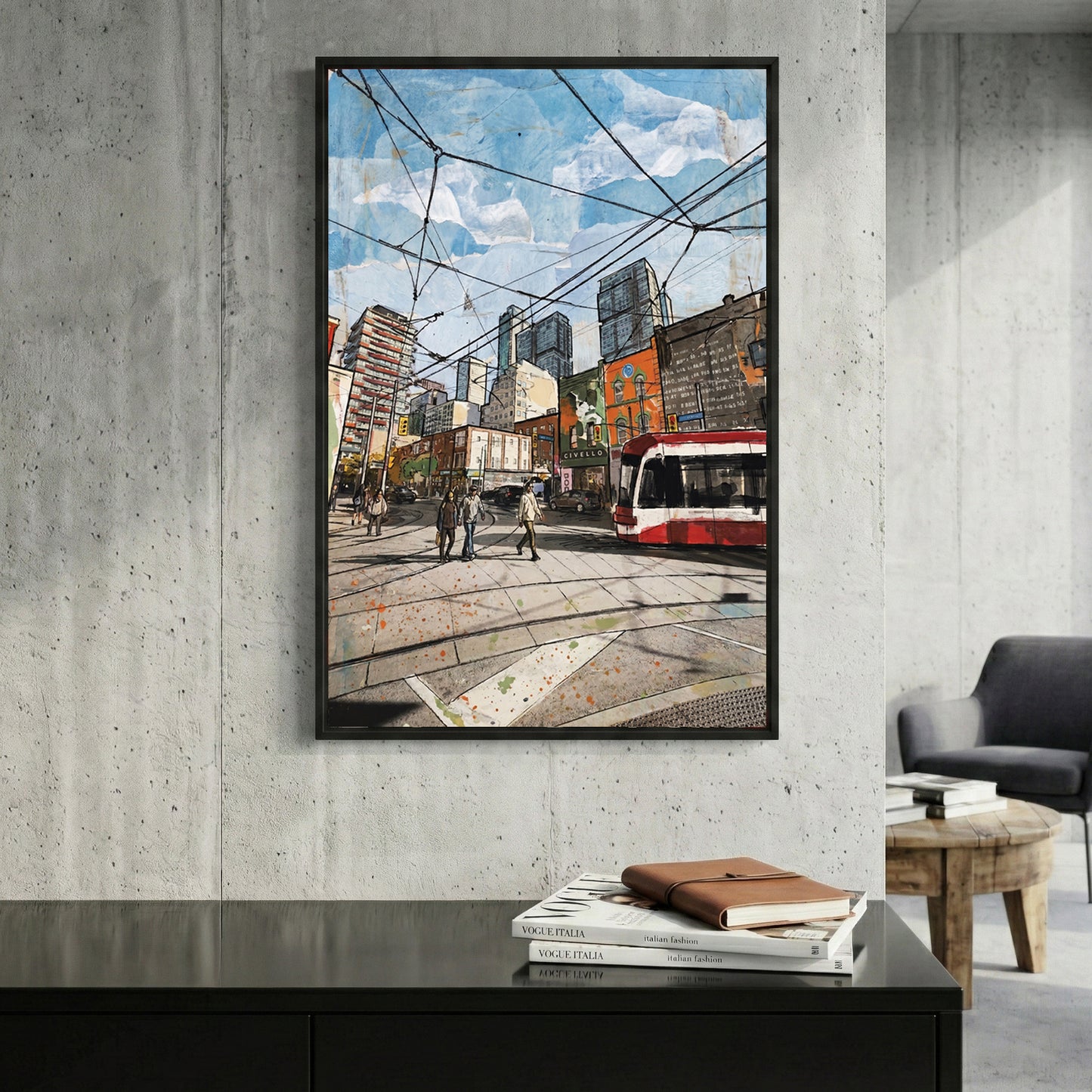 Toronto Streetcar Downtown framed canvas wall art print in a gallery-style display
