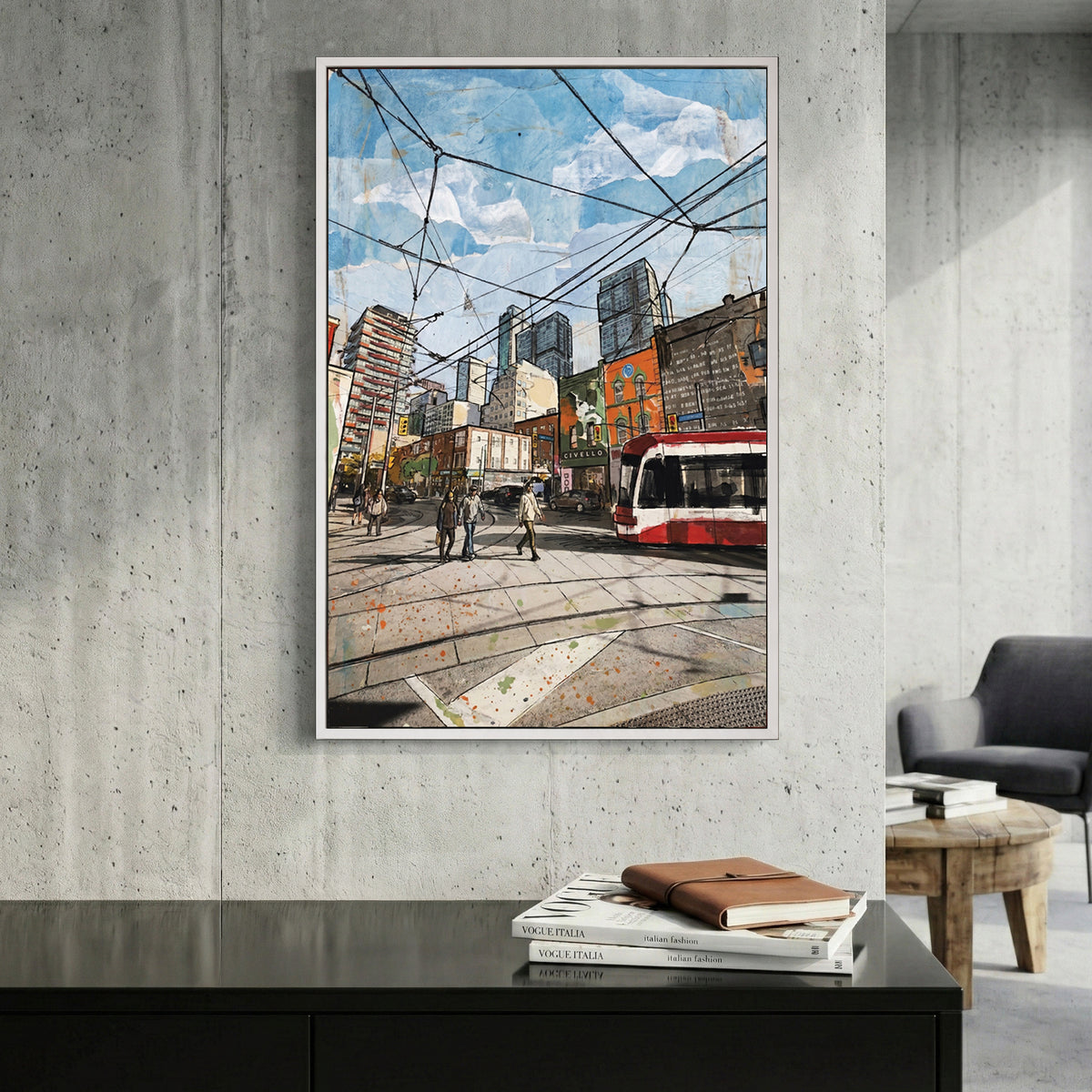Toronto Streetcar Downtown canvas wall art print displayed in a styled living room