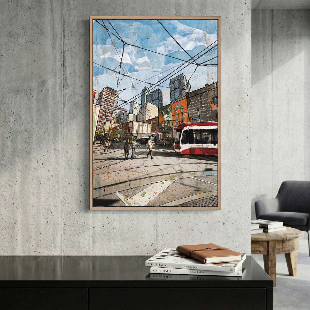Toronto Streetcar Downtown canvas wall art print displayed in a styled living room