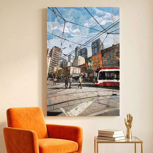 Toronto Streetcar Downtown canvas wall art print displayed in a styled living room