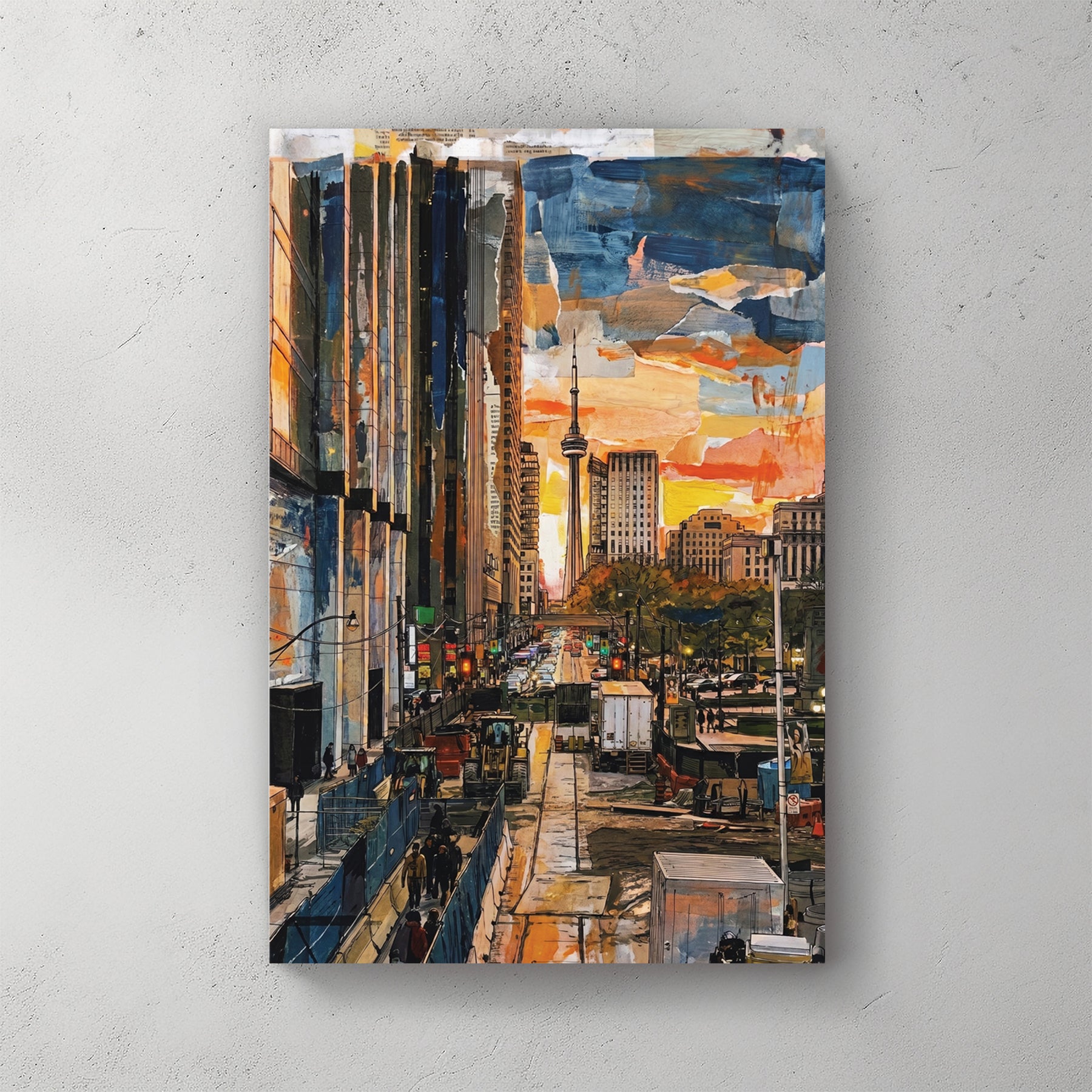 Toronto downtown street with CN Tower at sunset, palette knife oil painting, dense colour, orange sky — canvas wall art print