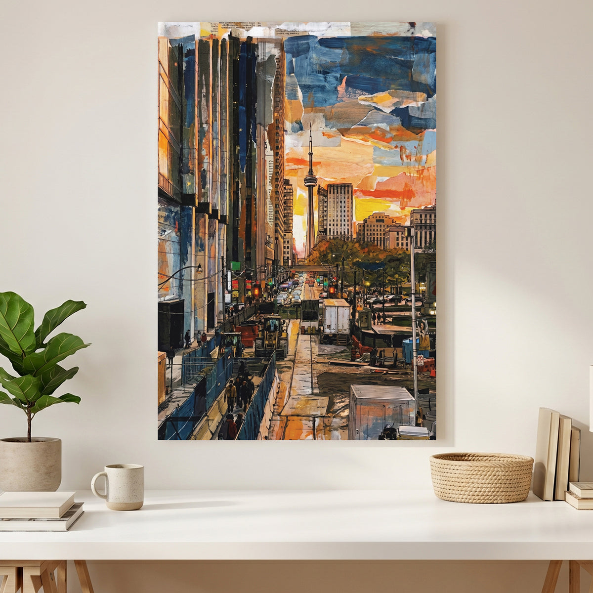 Toronto CN Tower Street View Painting canvas wall art print styled in a modern interior