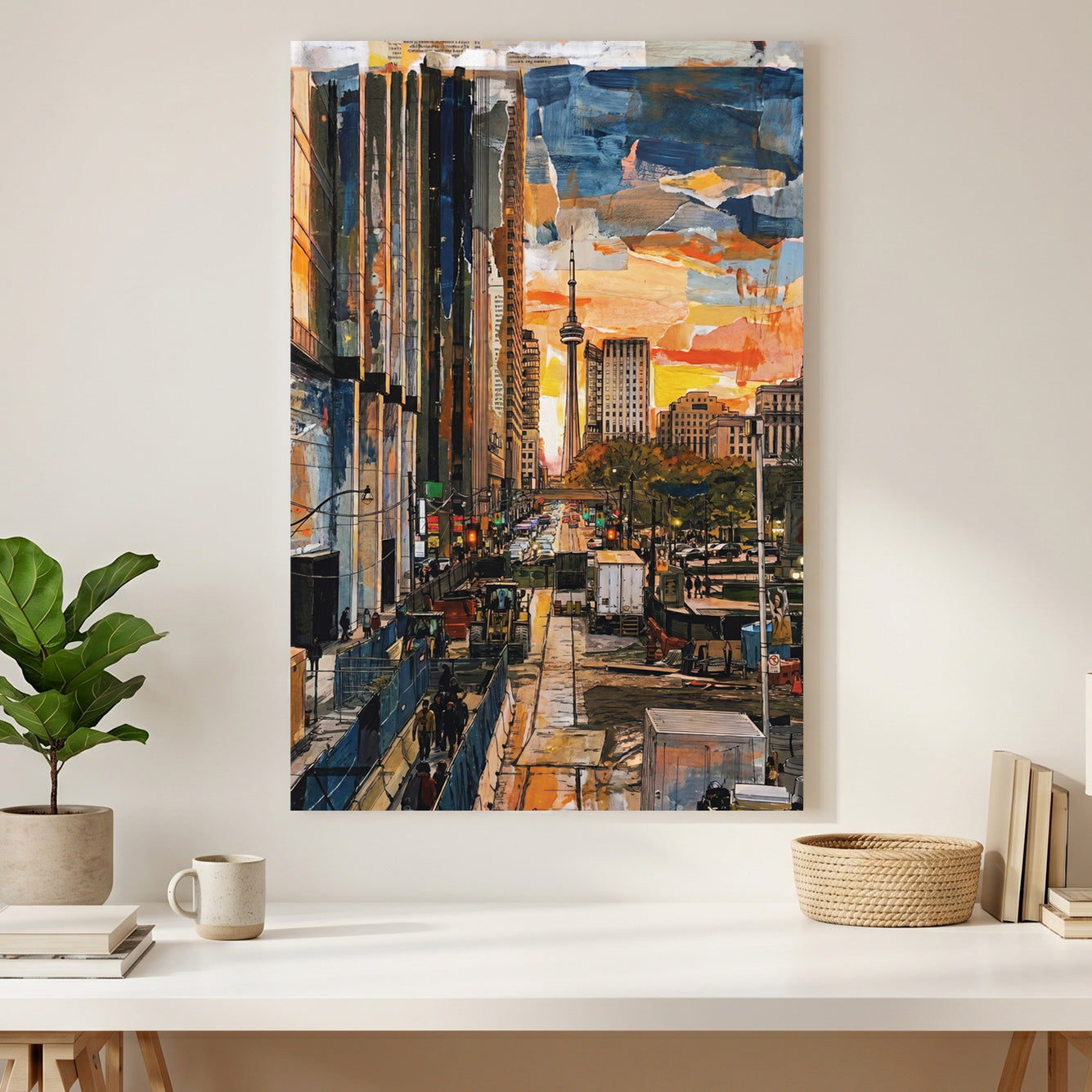 Toronto CN Tower Street View Painting canvas wall art print styled in a modern interior
