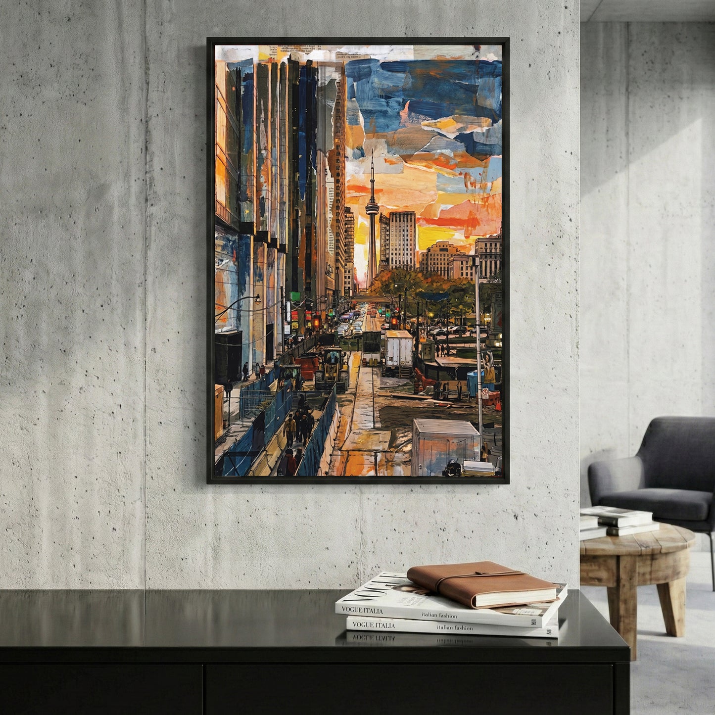 Toronto CN Tower Street View Painting framed canvas wall art print in a gallery-style display