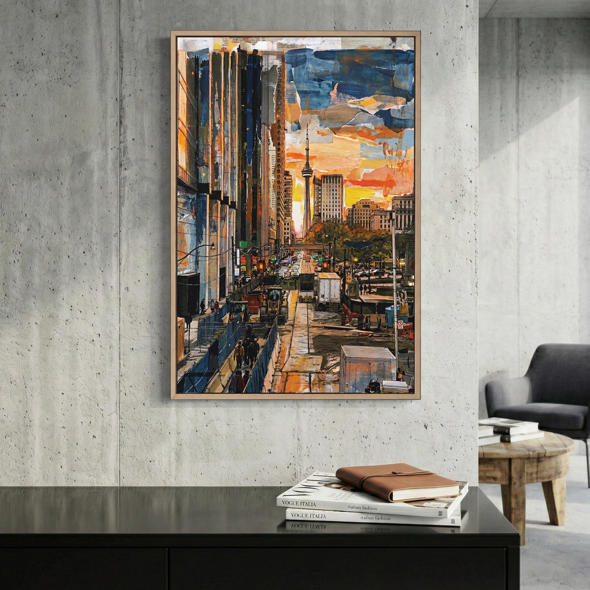 Toronto CN Tower Street View Painting canvas wall art print displayed in a styled living room
