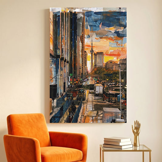 Toronto CN Tower Street View Painting canvas wall art print displayed in a styled living room