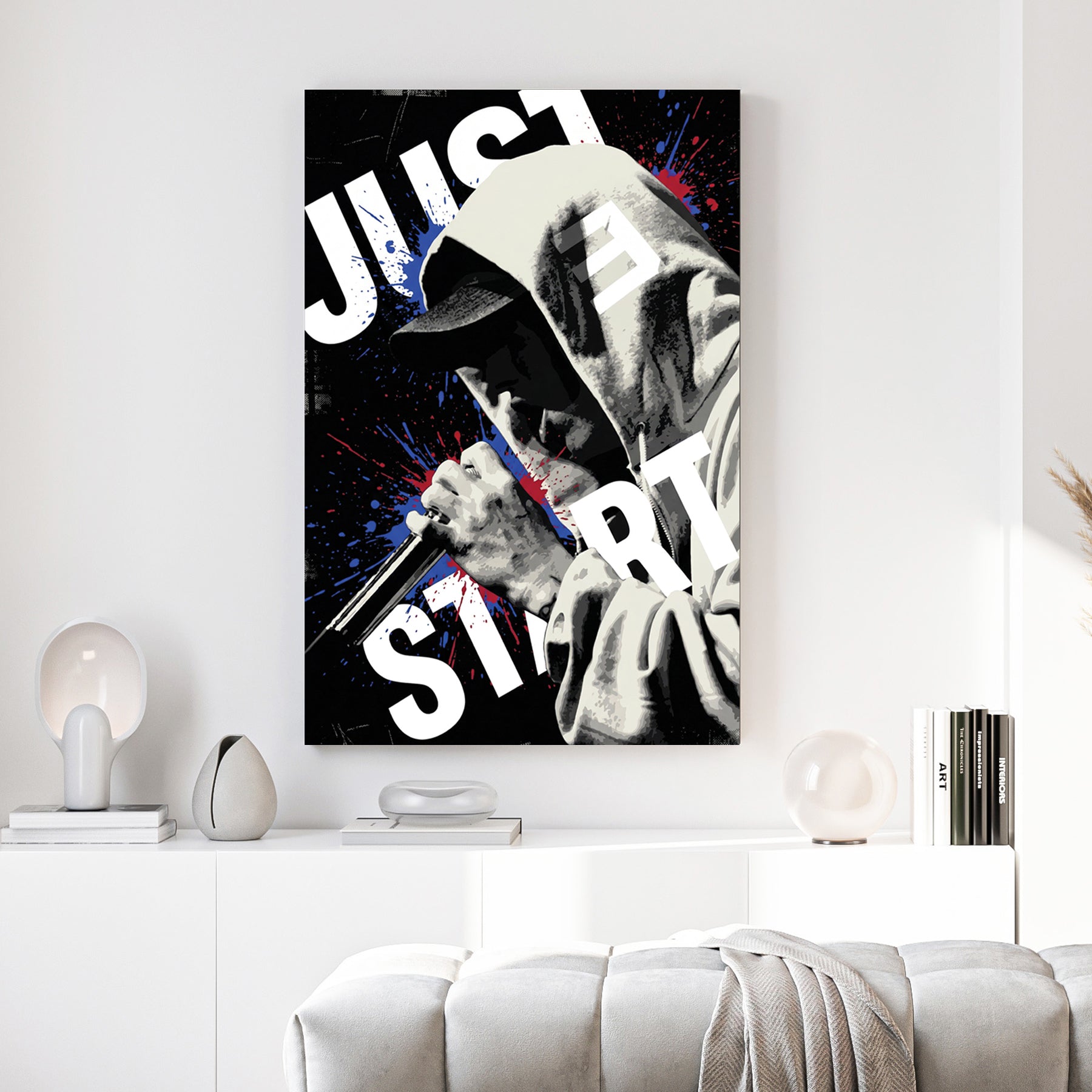 Eminem Just Start Motivational Pop Art canvas wall art print above a sofa in a contemporary living room