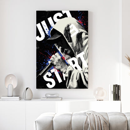 Eminem Just Start Motivational Pop Art canvas wall art print above a sofa in a contemporary living room