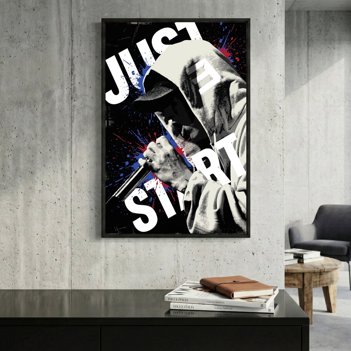Eminem Just Start Motivational Pop Art framed canvas wall art print in a gallery-style display