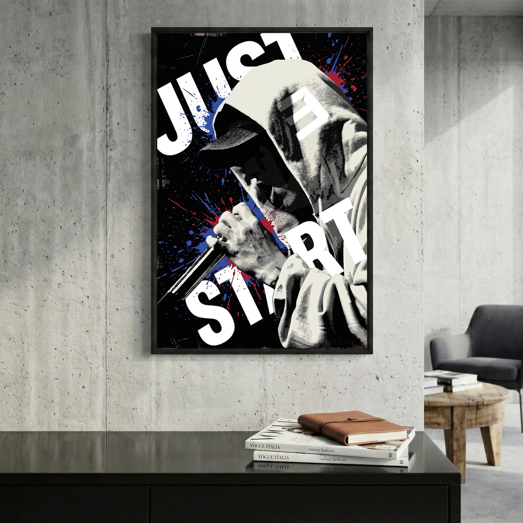 Eminem Just Start Motivational Pop Art framed canvas wall art print in a gallery-style display