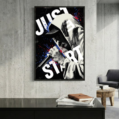 Eminem Just Start Motivational Pop Art framed canvas wall art print in a gallery-style display
