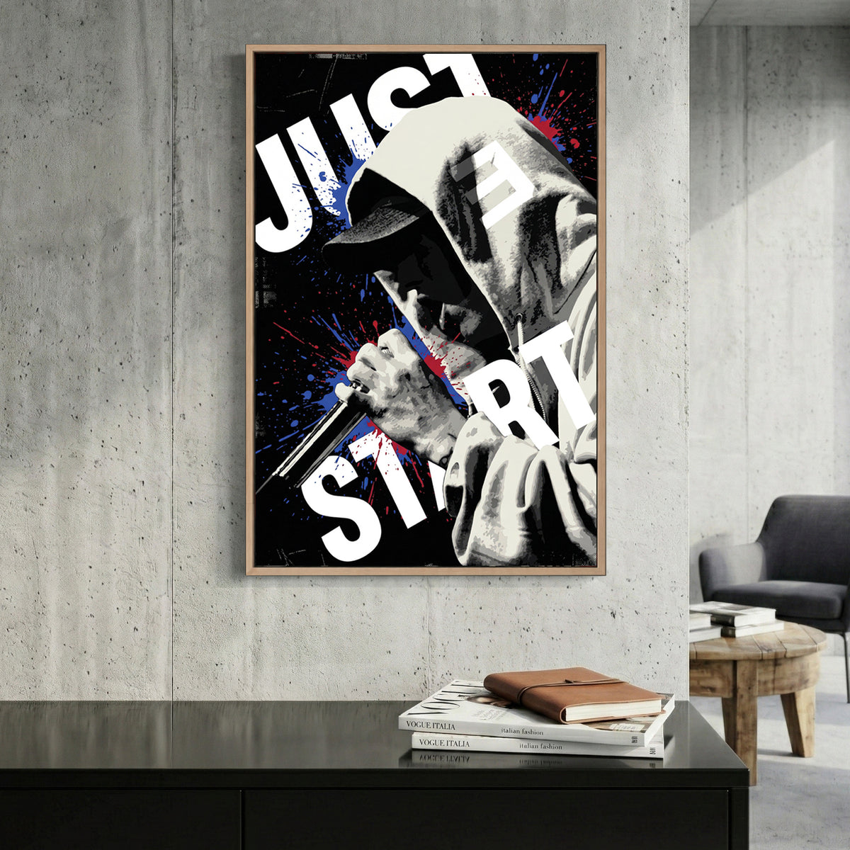Eminem Just Start Motivational Pop Art canvas wall art print displayed in a styled living room