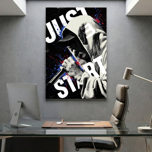 Eminem Just Start Motivational Pop Art canvas wall art print displayed in a styled living room