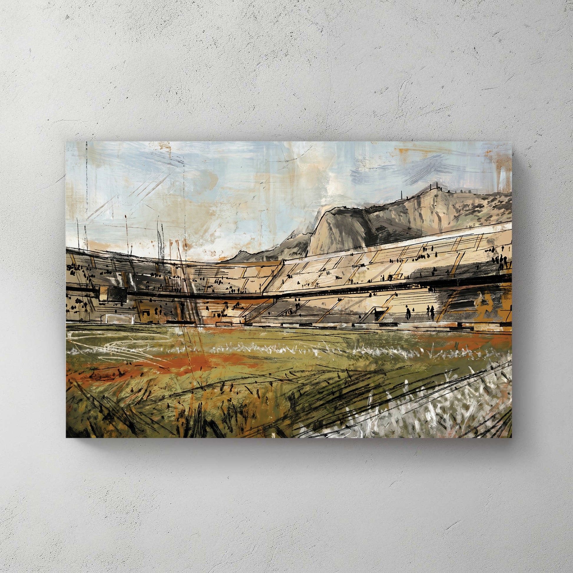 Stadium painting in sketch style, beige tan green palette, mountain backdrop, players on field, Italian Palermo stadium — canvas wall art print