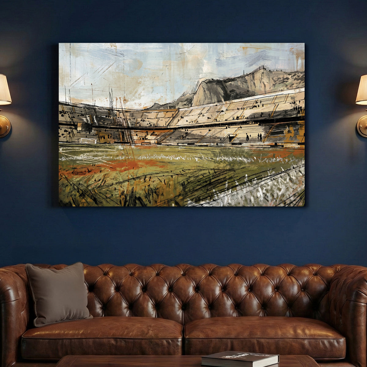 Palermo Stadio Renzo Barbera Monte Pellegrino Painting canvas wall art print above a sofa in a contemporary living room