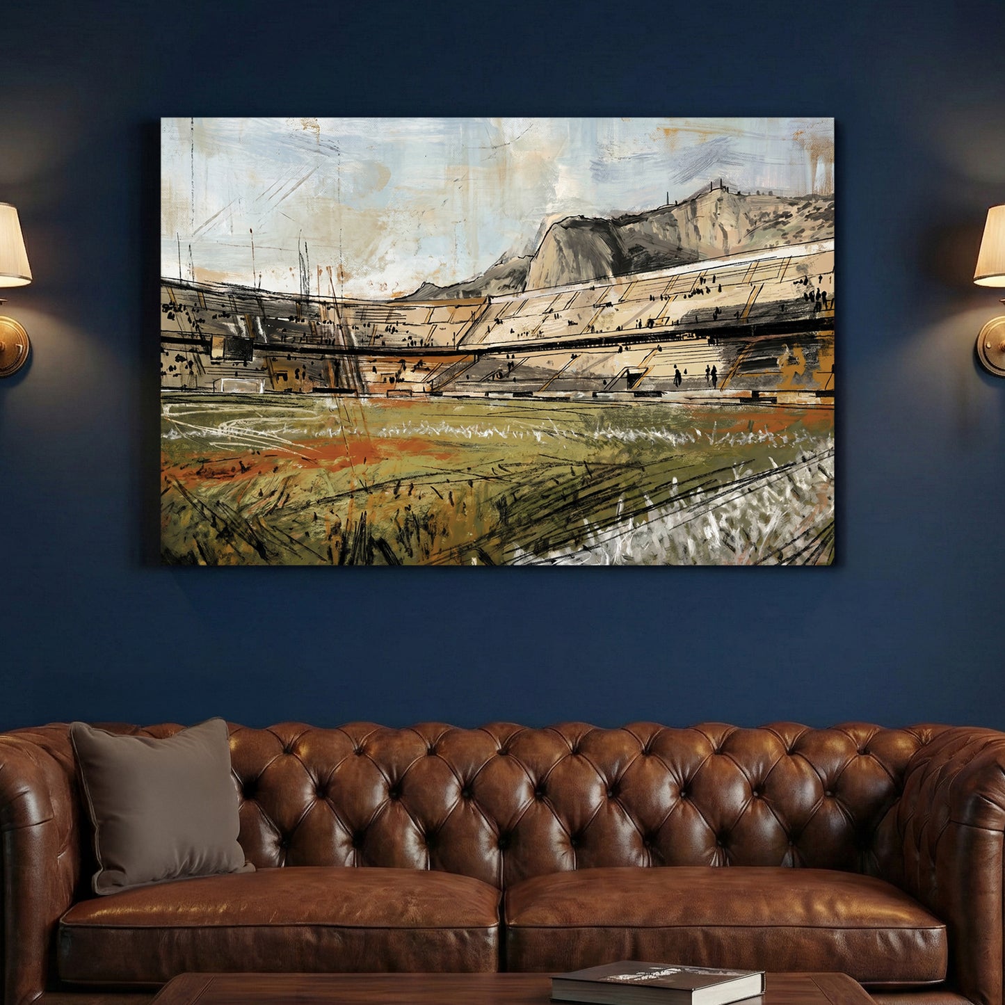 Palermo Stadio Renzo Barbera Monte Pellegrino Painting canvas wall art print above a sofa in a contemporary living room