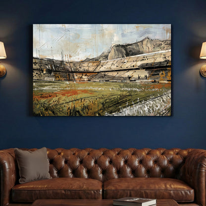 Palermo Stadio Renzo Barbera Monte Pellegrino Painting canvas wall art print above a sofa in a contemporary living room