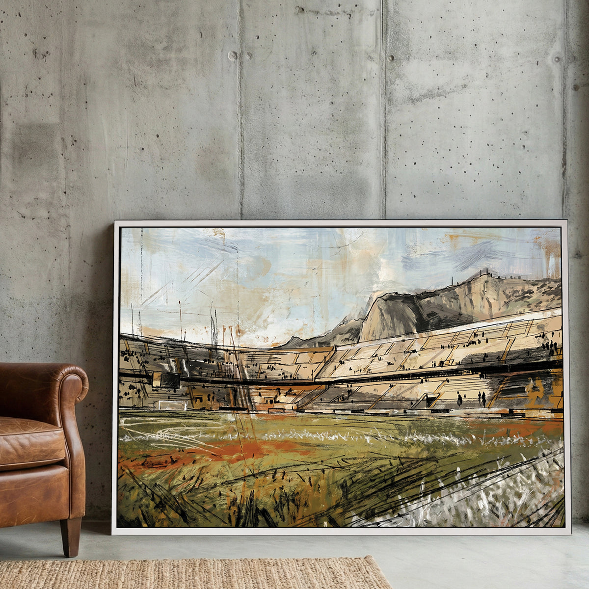 Palermo Stadio Renzo Barbera Monte Pellegrino Painting canvas wall art print displayed in a styled living room
