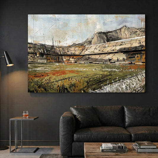 Palermo Stadio Renzo Barbera Monte Pellegrino Painting canvas wall art print displayed in a styled living room