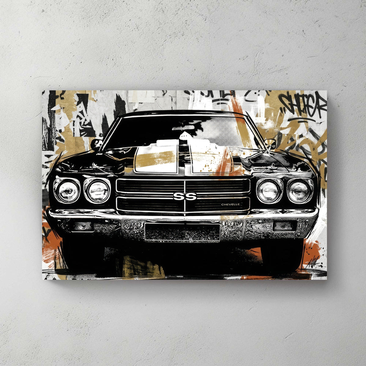 Chevelle SS front grille; black & white car; graffiti pop art background; mustard yellow accents — canvas wall art print