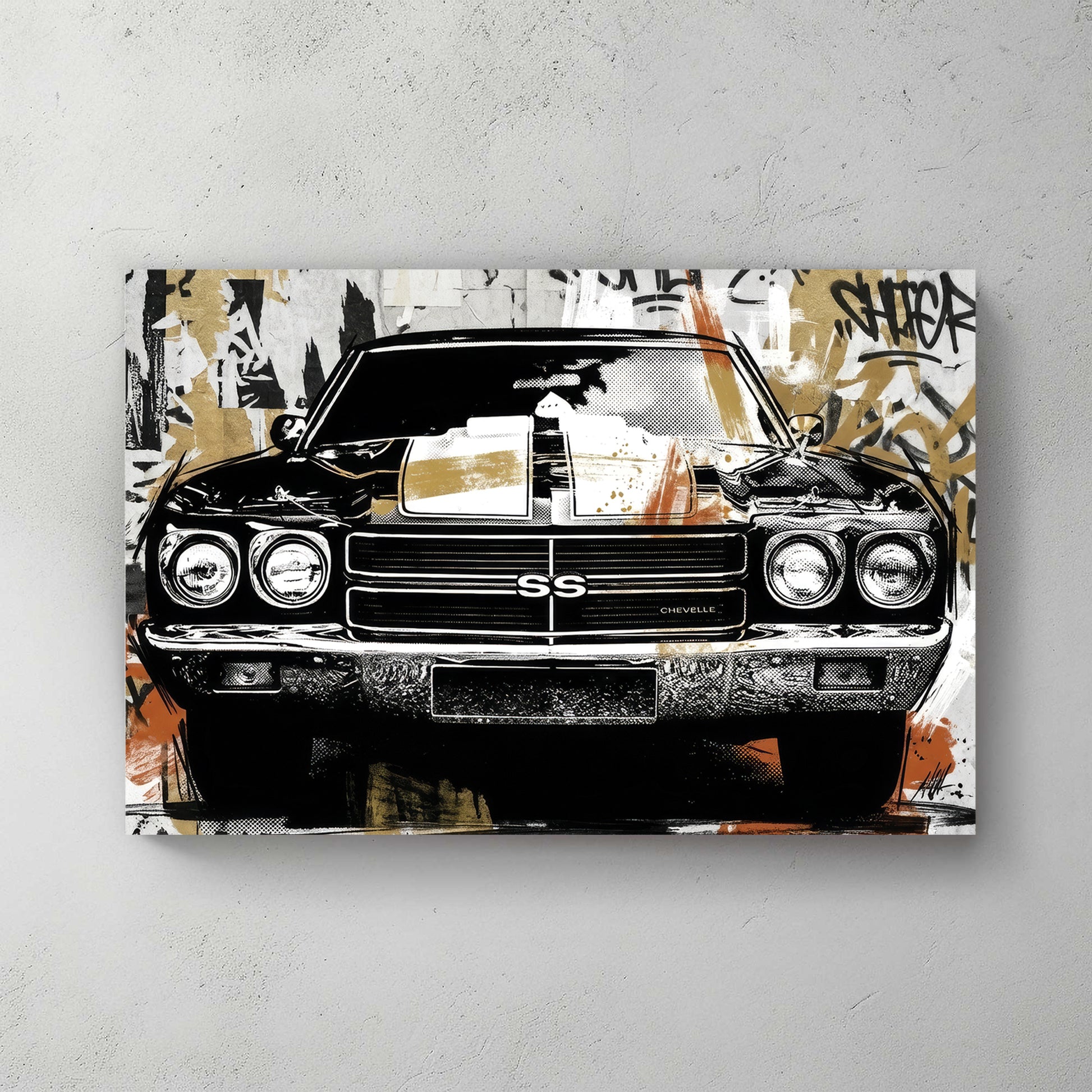 Chevelle SS front grille; black & white car; graffiti pop art background; mustard yellow accents — canvas wall art print