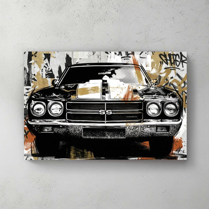 Chevelle SS front grille; black & white car; graffiti pop art background; mustard yellow accents — canvas wall art print