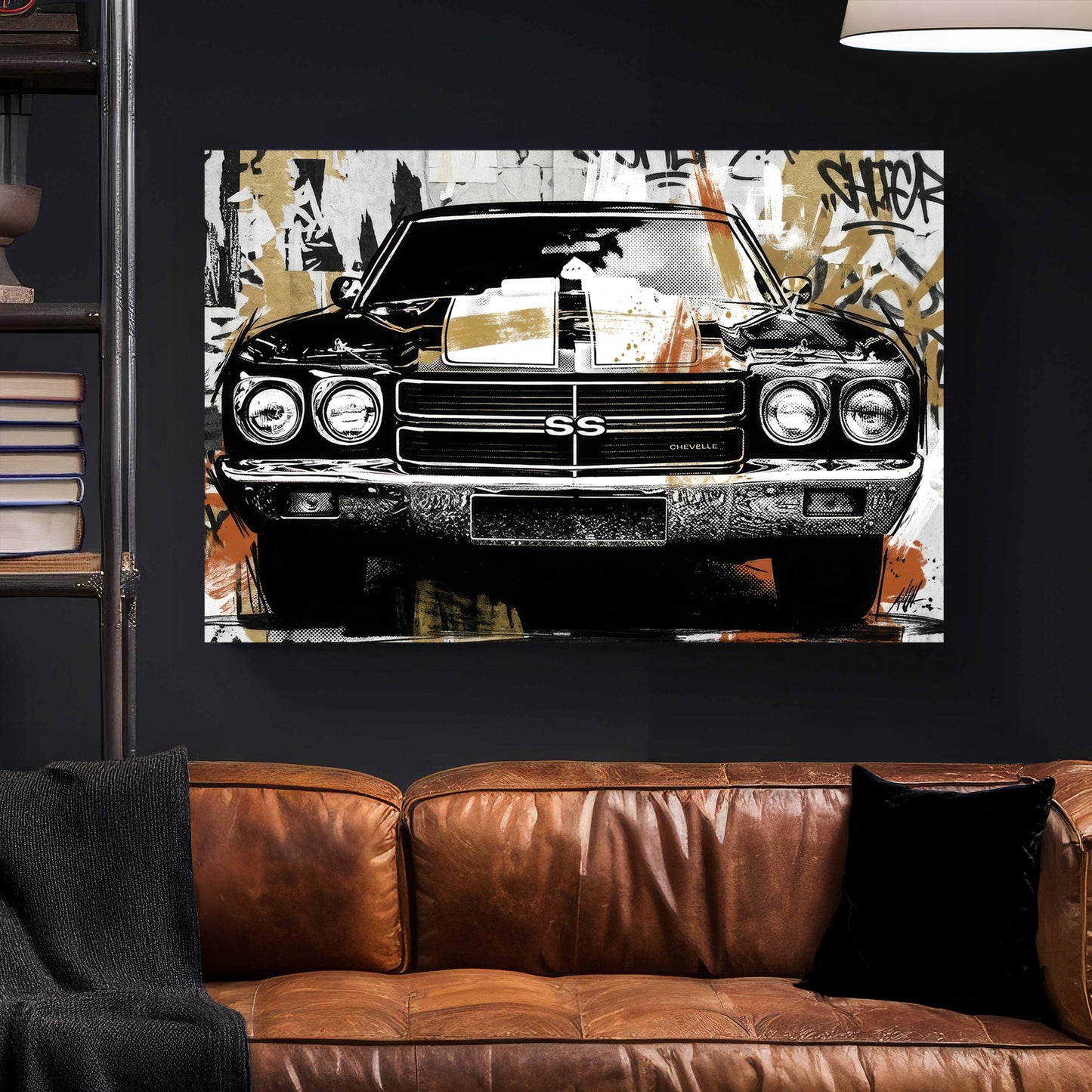 Chevrolet Chevelle SS Graffiti Pop Art canvas wall art print styled in a modern interior