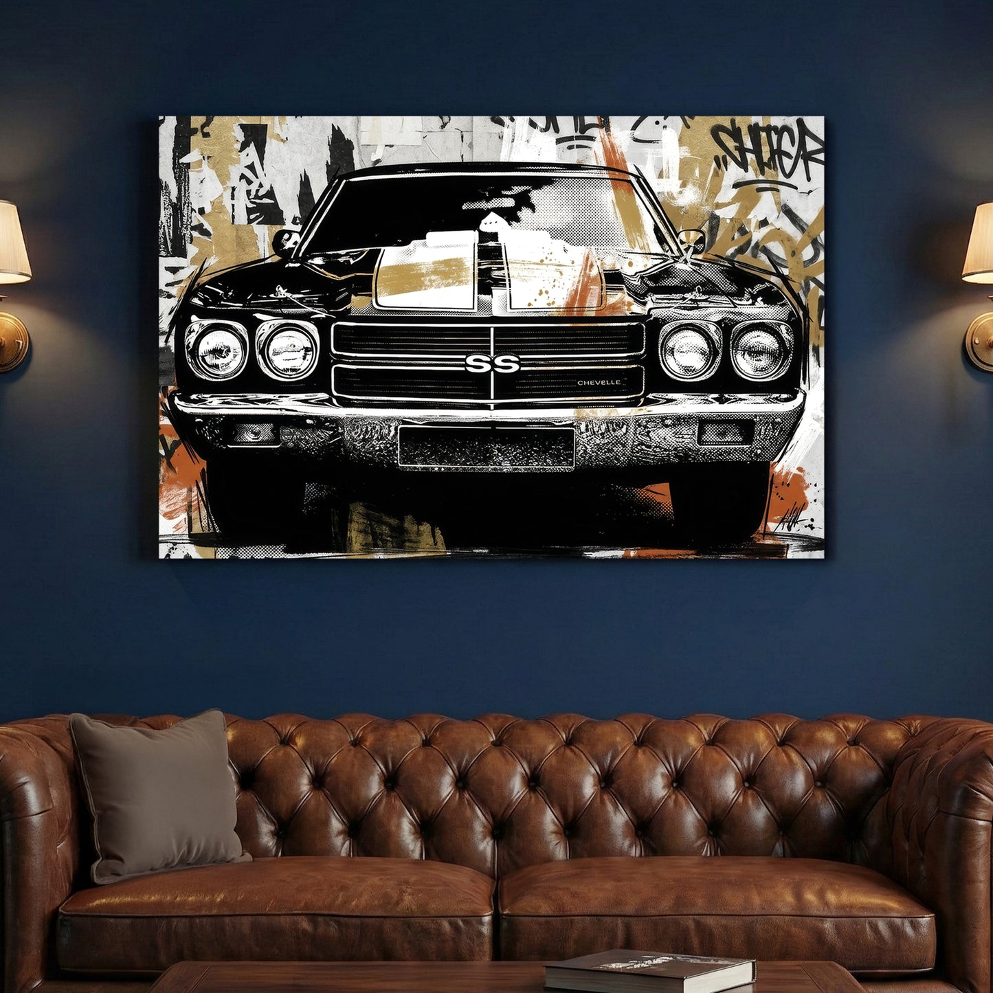 Chevrolet Chevelle SS Graffiti Pop Art canvas wall art print above a sofa in a contemporary living room