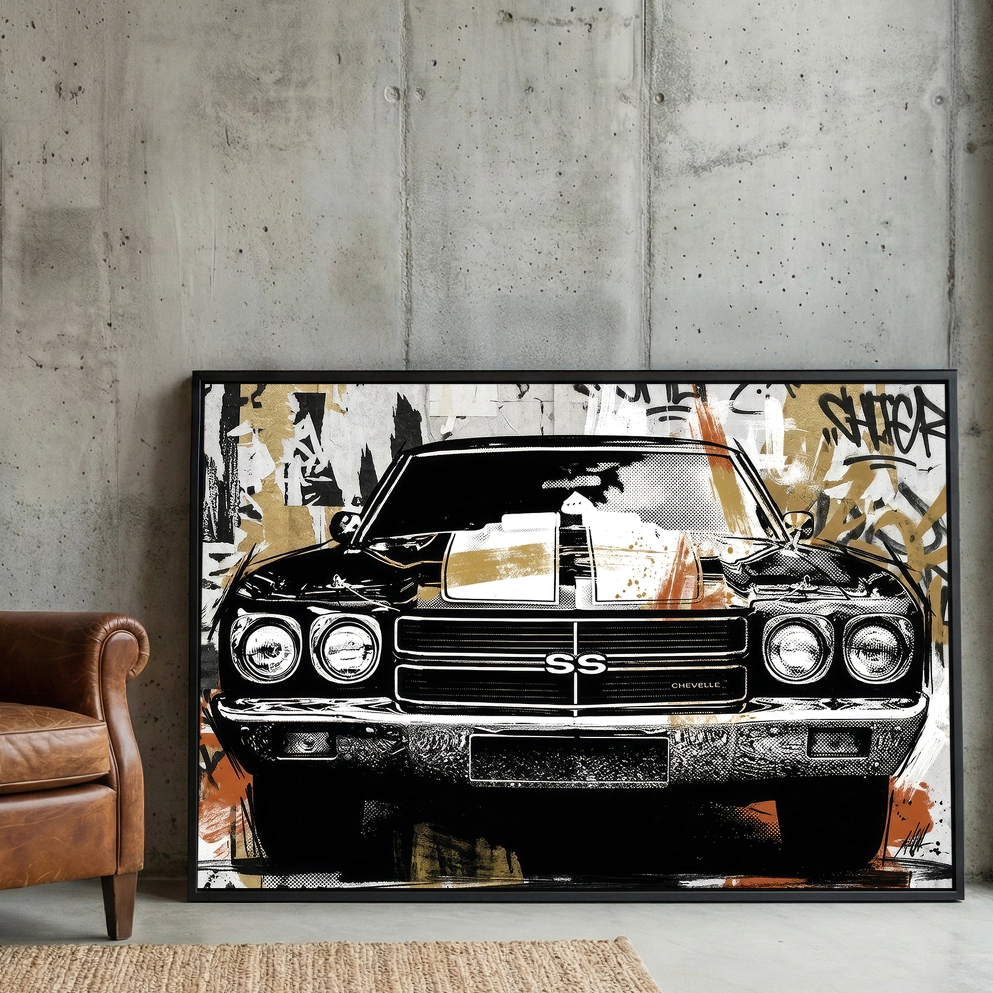 Chevrolet Chevelle SS Graffiti Pop Art framed canvas wall art print in a gallery-style display