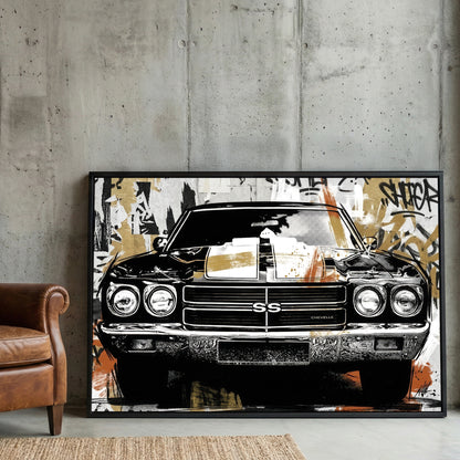 Chevrolet Chevelle SS Graffiti Pop Art framed canvas wall art print in a gallery-style display