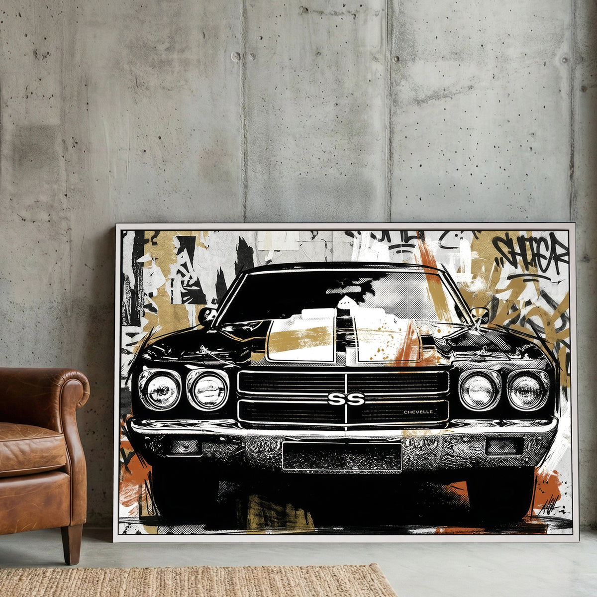 Chevrolet Chevelle SS Graffiti Pop Art canvas wall art print displayed in a styled living room