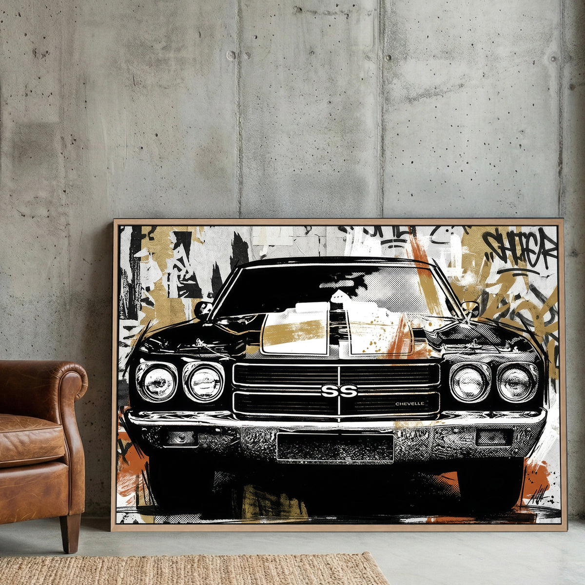 Chevrolet Chevelle SS Graffiti Pop Art canvas wall art print displayed in a styled living room