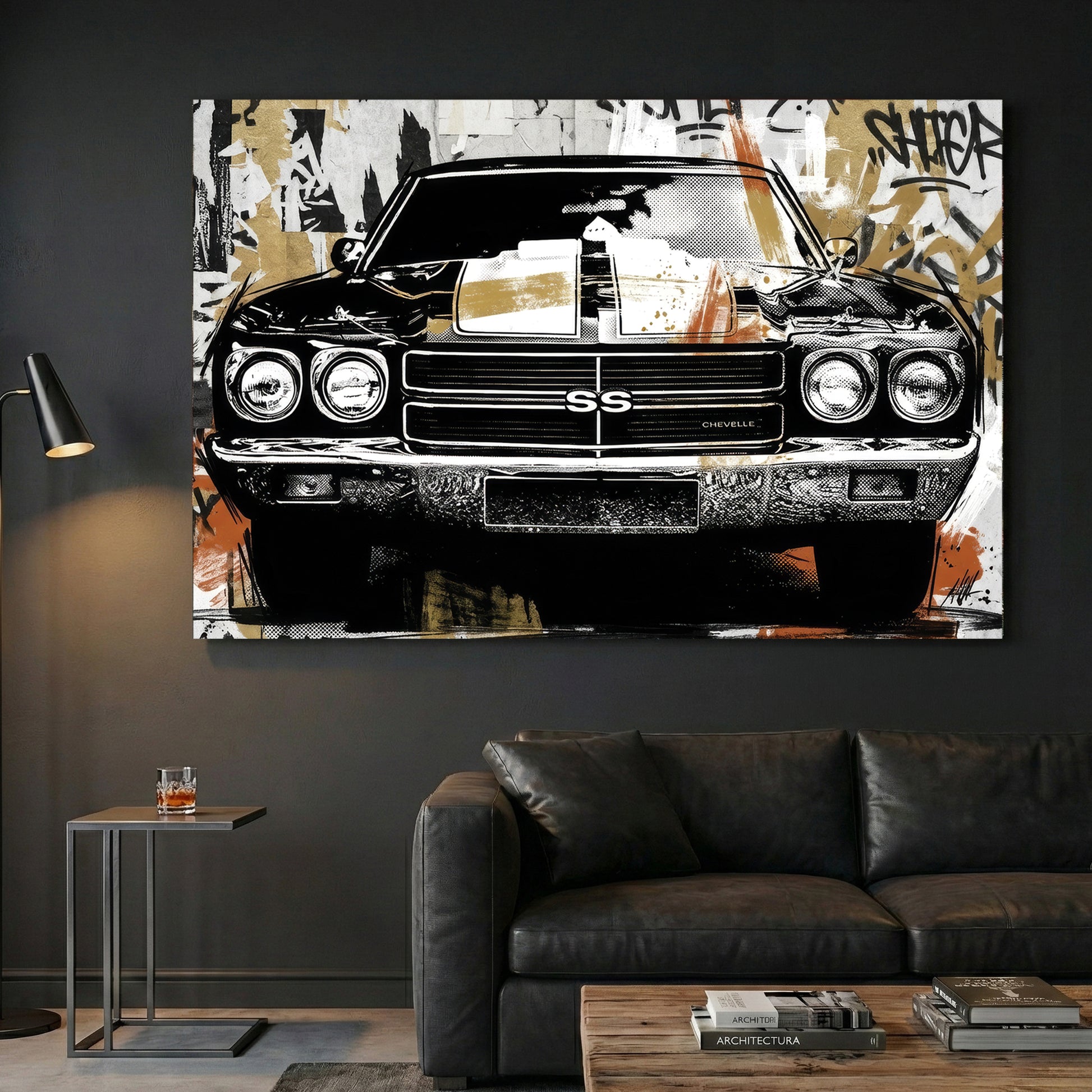 Chevrolet Chevelle SS Graffiti Pop Art canvas wall art print displayed in a styled living room