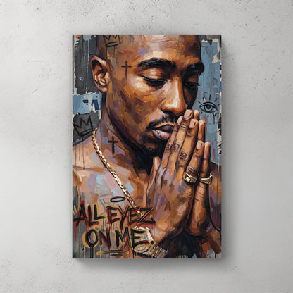 Tupac portrait with hands clasped in prayer, gold chain, gold rings, dark skin, Basquiat-style graffiti background with crowns and crosses — canvas wall art print