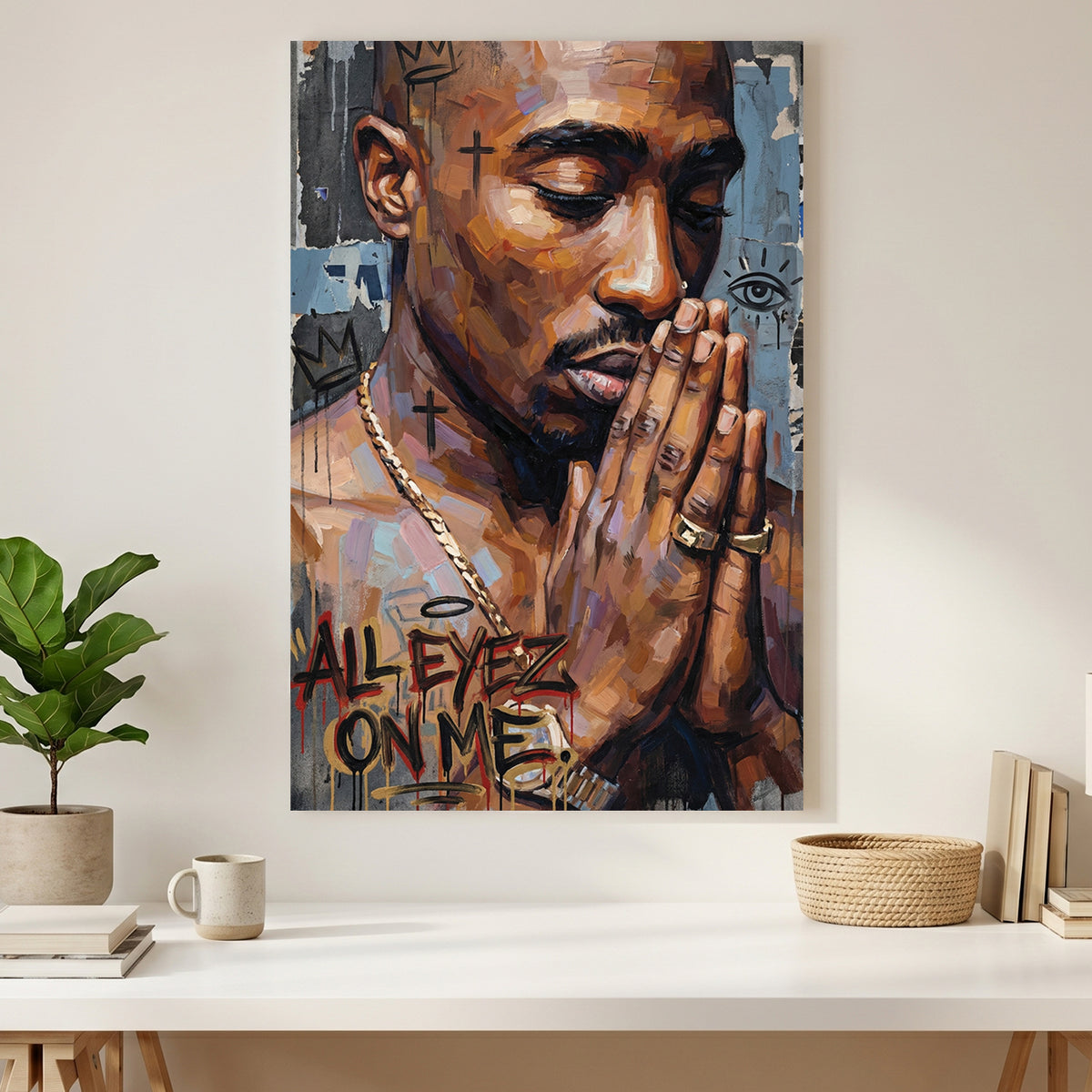 Tupac Shakur All Eyez On Me canvas wall art print styled in a modern interior