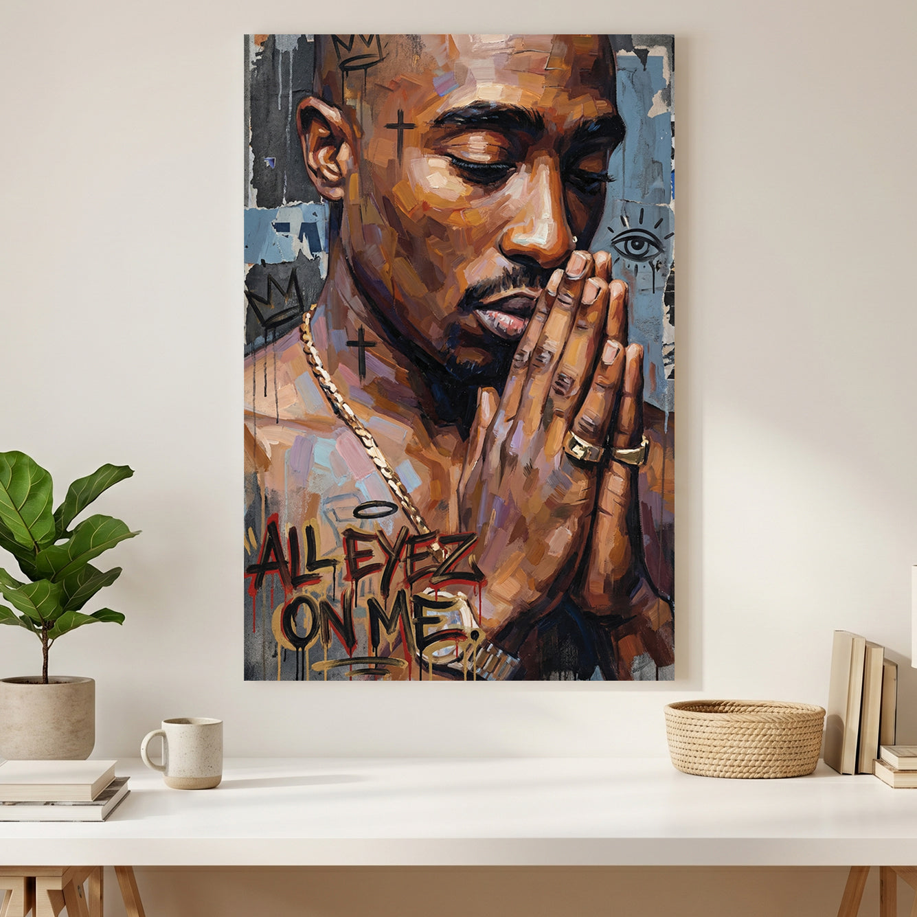 Tupac Shakur All Eyez On Me canvas wall art print styled in a modern interior