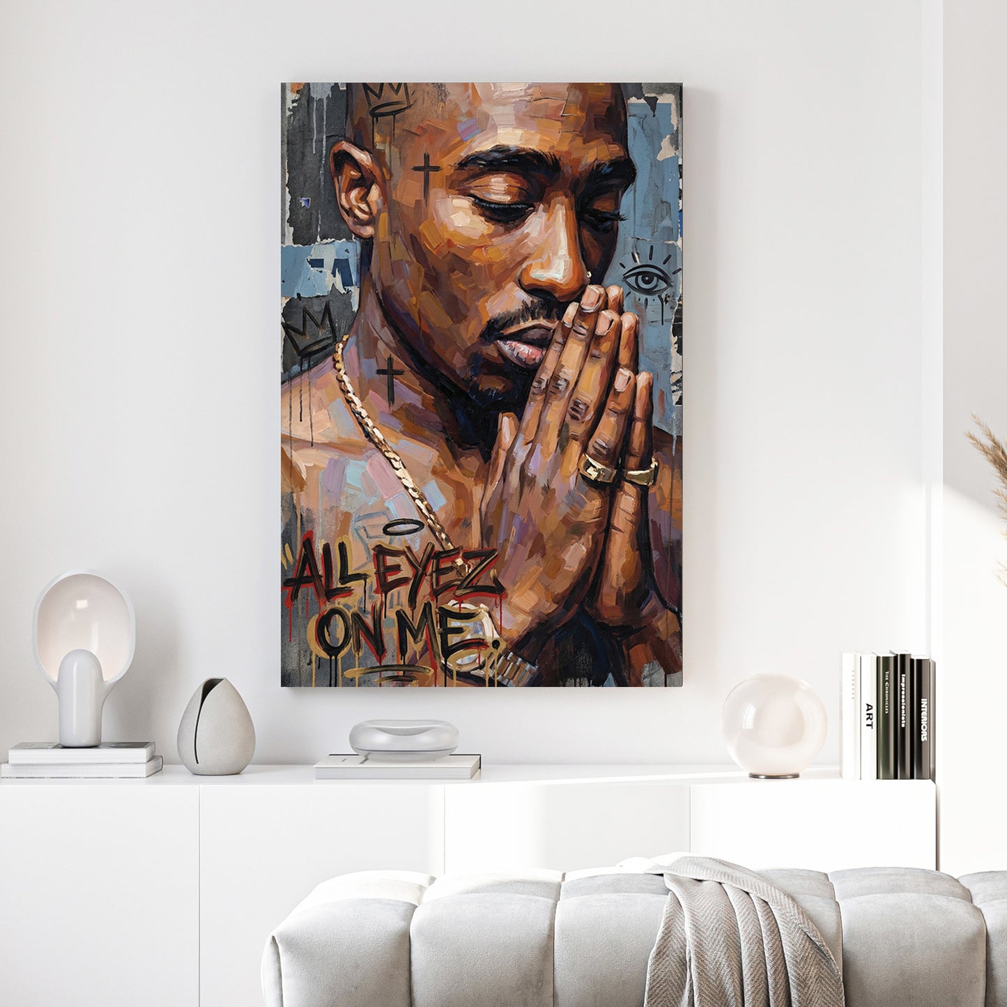 Tupac Shakur All Eyez On Me canvas wall art print above a sofa in a contemporary living room