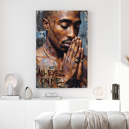 Tupac Shakur All Eyez On Me canvas wall art print above a sofa in a contemporary living room