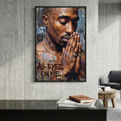 Tupac Shakur All Eyez On Me framed canvas wall art print in a gallery-style display