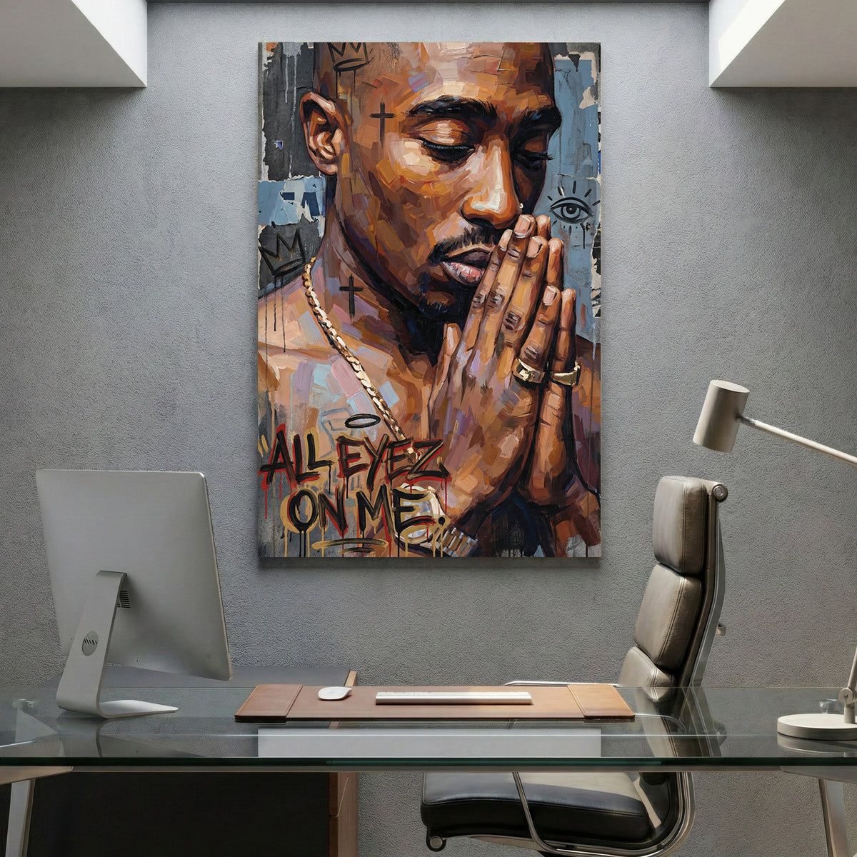 Tupac Shakur All Eyez On Me canvas wall art print displayed in a styled living room