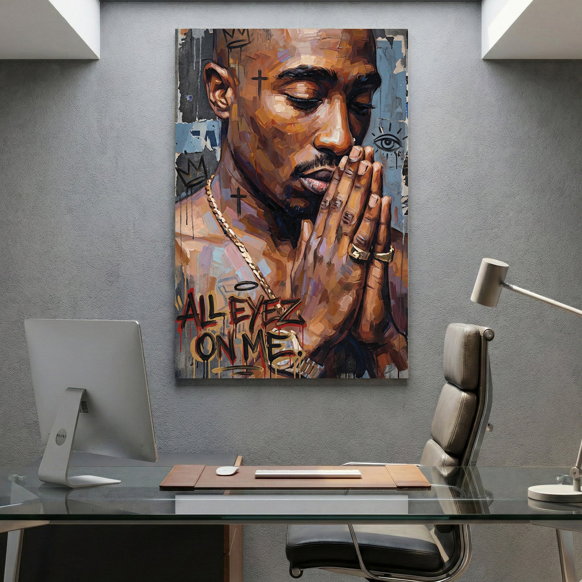 Tupac Shakur All Eyez On Me canvas wall art print displayed in a styled living room