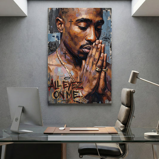 Tupac Shakur All Eyez On Me canvas wall art print displayed in a styled living room